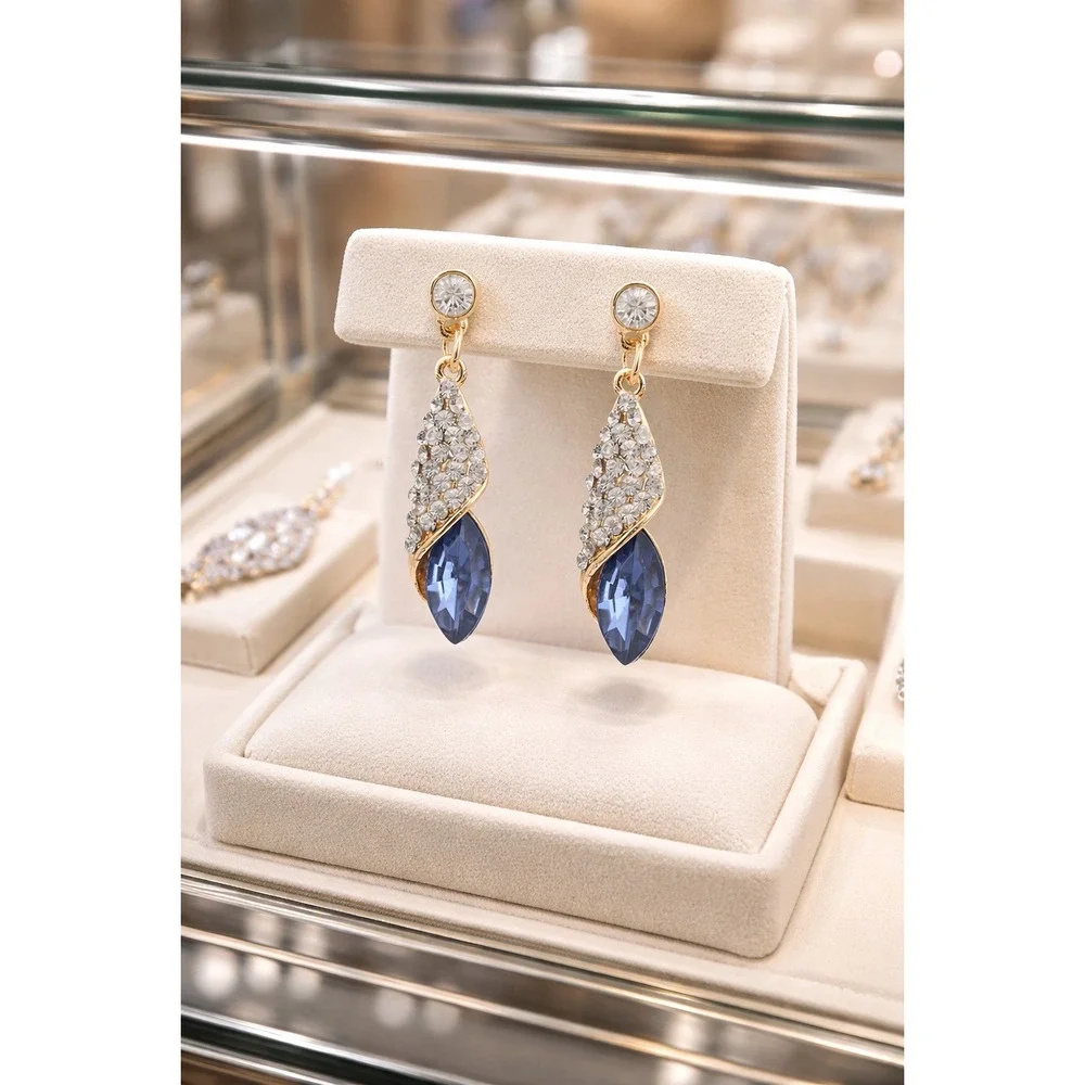 Blue Crystal Gold Tone Drop Earrings Rhinestone Dangle Formal Evening‎ Jewelry